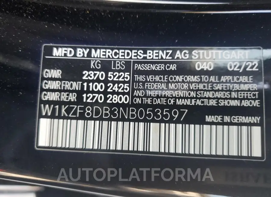 MERCEDES-BENZ E 350 2022 vin W1KZF8DB3NB053597 from auto auction Copart