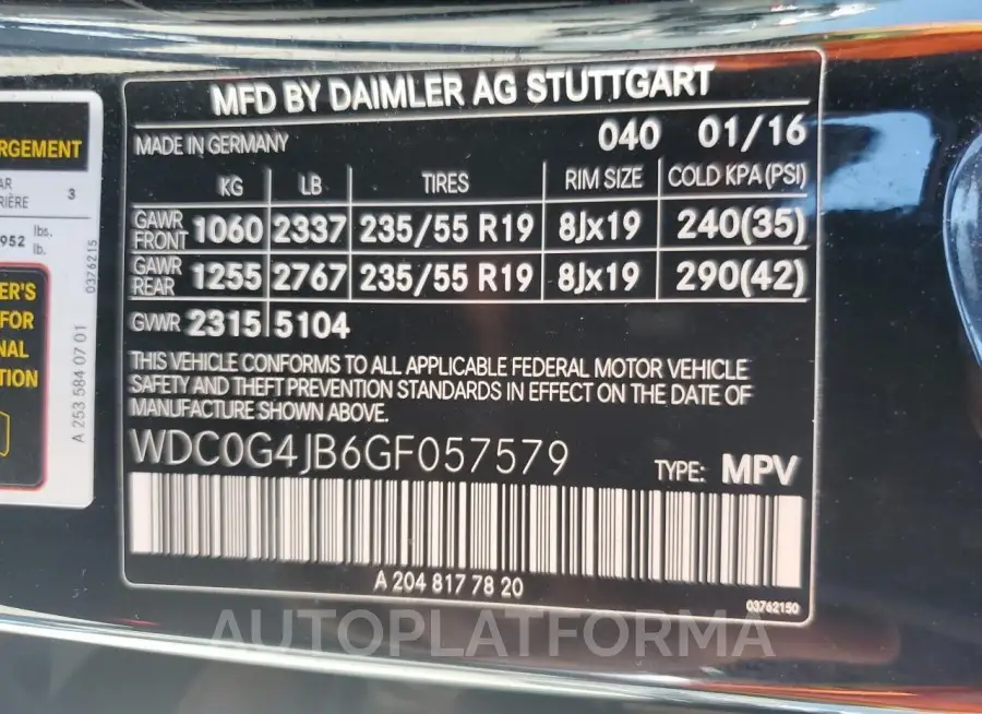 MERCEDES-BENZ GLC 300 2016 vin WDC0G4JB6GF057579 from auto auction Copart