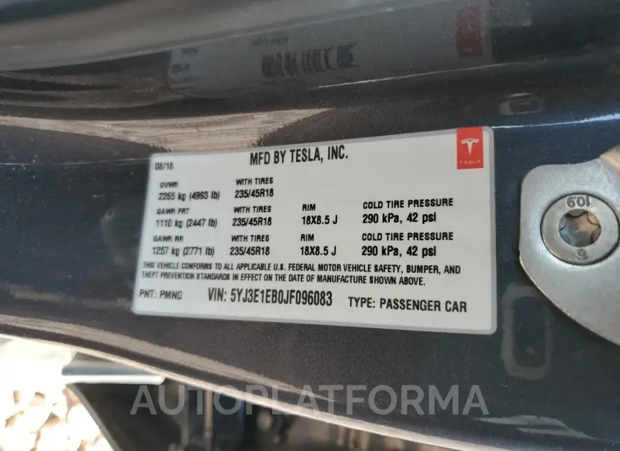 TESLA MODEL 3 2018 vin 5YJ3E1EB0JF096083 from auto auction Copart