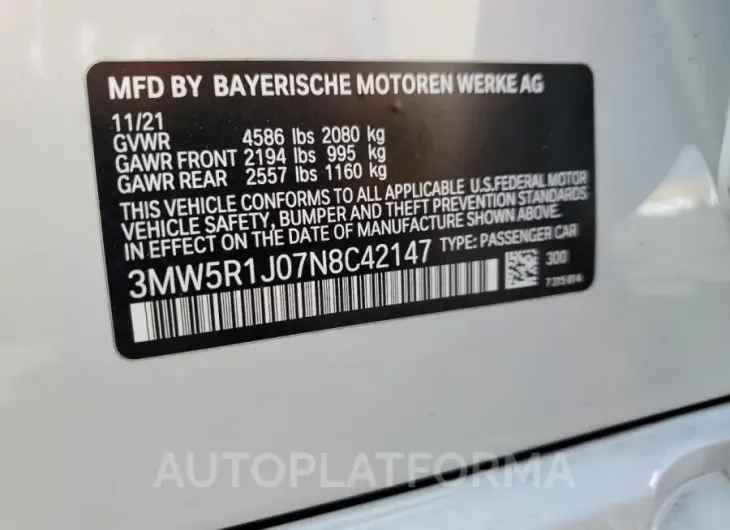 BMW 330I 2022 vin 3MW5R1J07N8C42147 from auto auction Copart