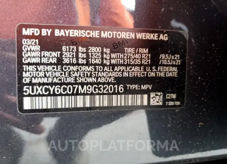 BMW X6 XDRIVE4 2021 vin 5UXCY6C07M9G32016 from auto auction Copart