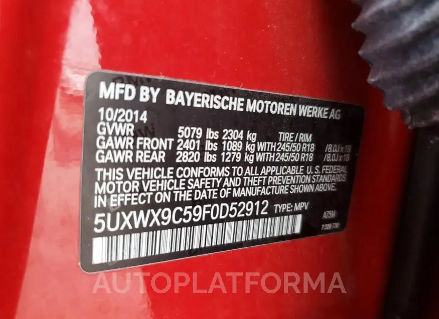 BMW X3 XDRIVE2 2015 vin 5UXWX9C59F0D52912 from auto auction Copart