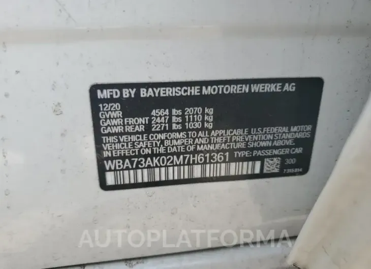 BMW 228XI 2021 vin WBA73AK02M7H61361 from auto auction Copart