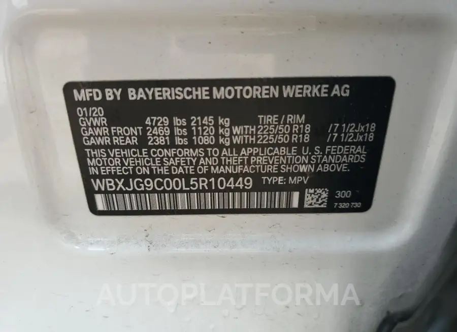 BMW X1 XDRIVE2 2020 vin WBXJG9C00L5R10449 from auto auction Copart