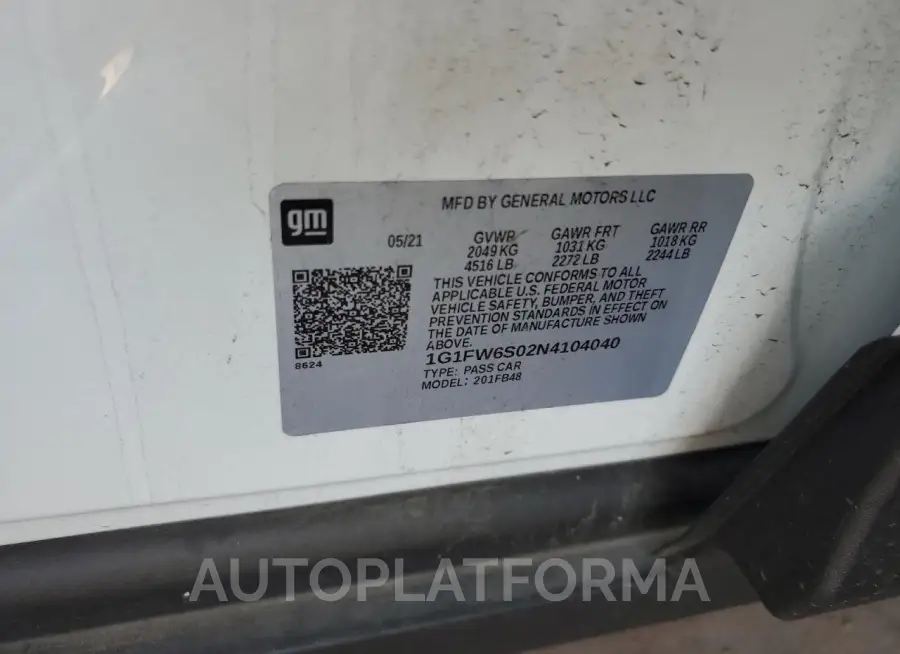 CHEVROLET BOLT EV 1L 2022 vin 1G1FW6S02N4104040 from auto auction Copart