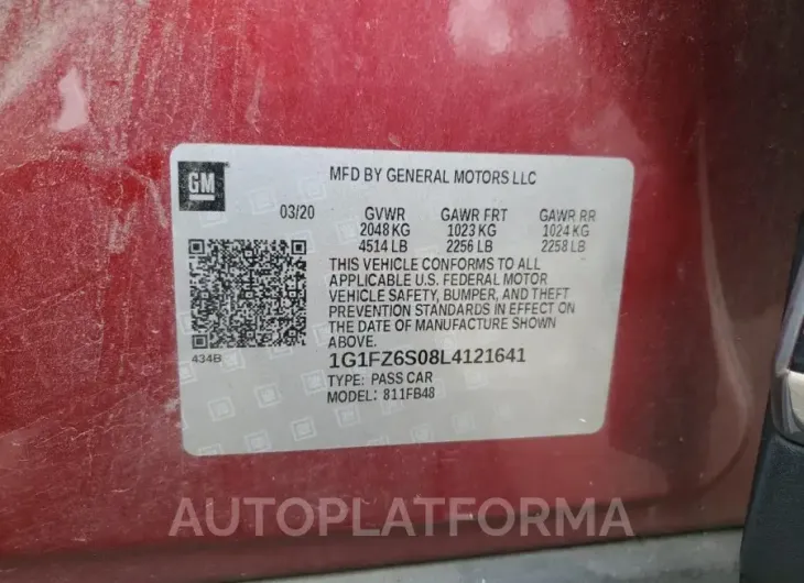 CHEVROLET BOLT EV PR 2020 vin 1G1FZ6S08L4121641 from auto auction Copart