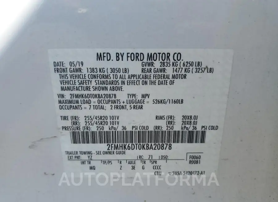 FORD FLEX LIMIT 2019 vin 2FMHK6DT0KBA20878 from auto auction Copart