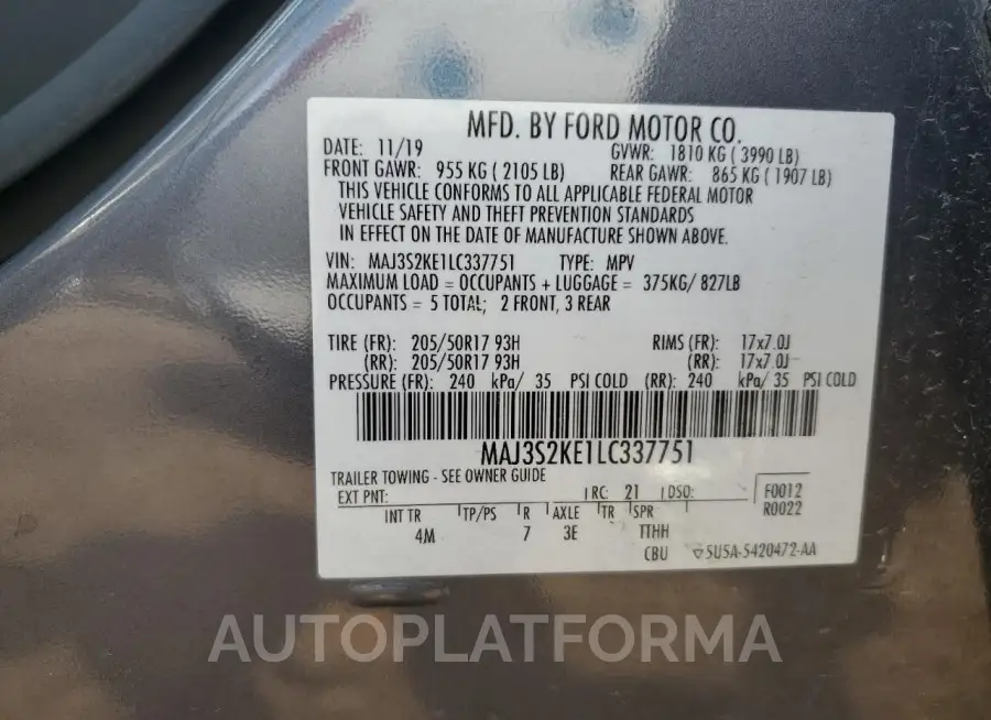 FORD ECOSPORT T 2020 vin MAJ3S2KE1LC337751 from auto auction Copart