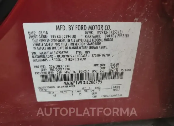 FORD ECOSPORT T 2018 vin MAJ6P1WL3JC208795 from auto auction Copart