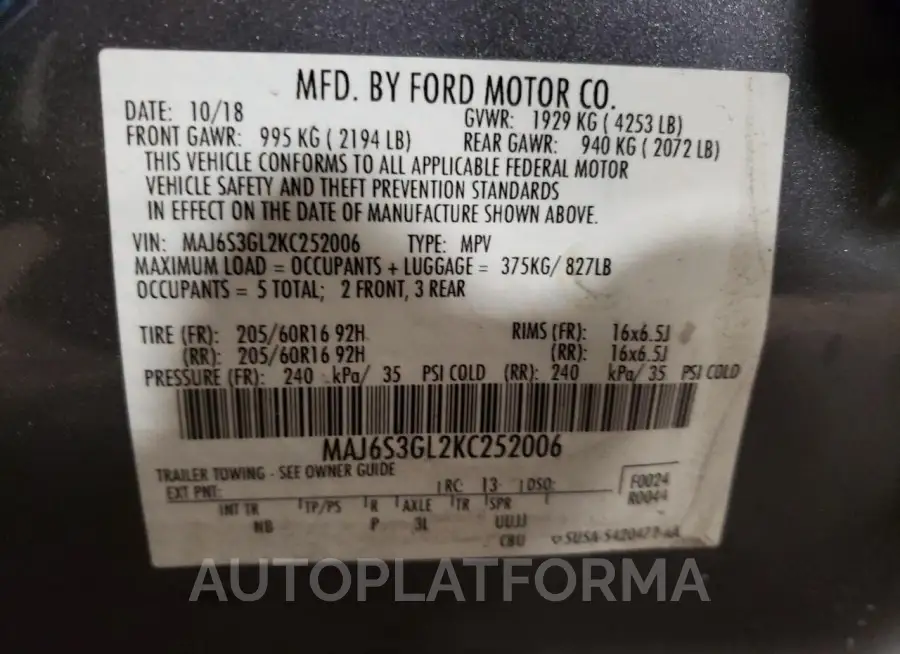 FORD ECOSPORT S 2019 vin MAJ6S3GL2KC252006 from auto auction Copart