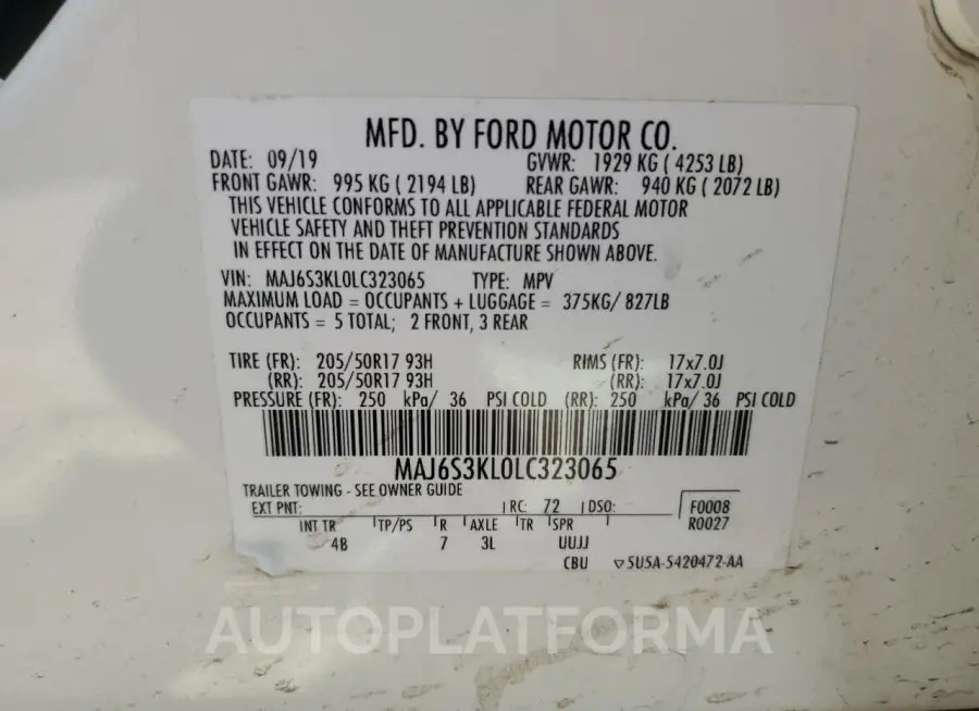 FORD ECOSPORT T 2020 vin MAJ6S3KL0LC323065 from auto auction Copart