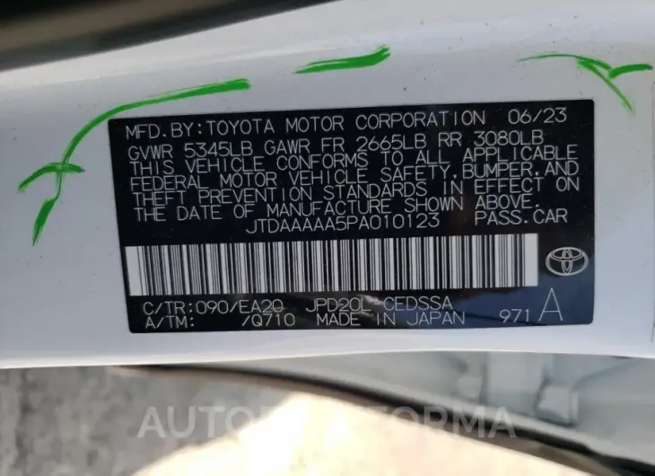 TOYOTA MIRAI XLE 2023 vin JTDAAAAA5PA010123 from auto auction Copart