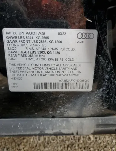 AUDI Q5 E PREMI 2022 vin WA1E2AFY7N2085007 from auto auction Copart