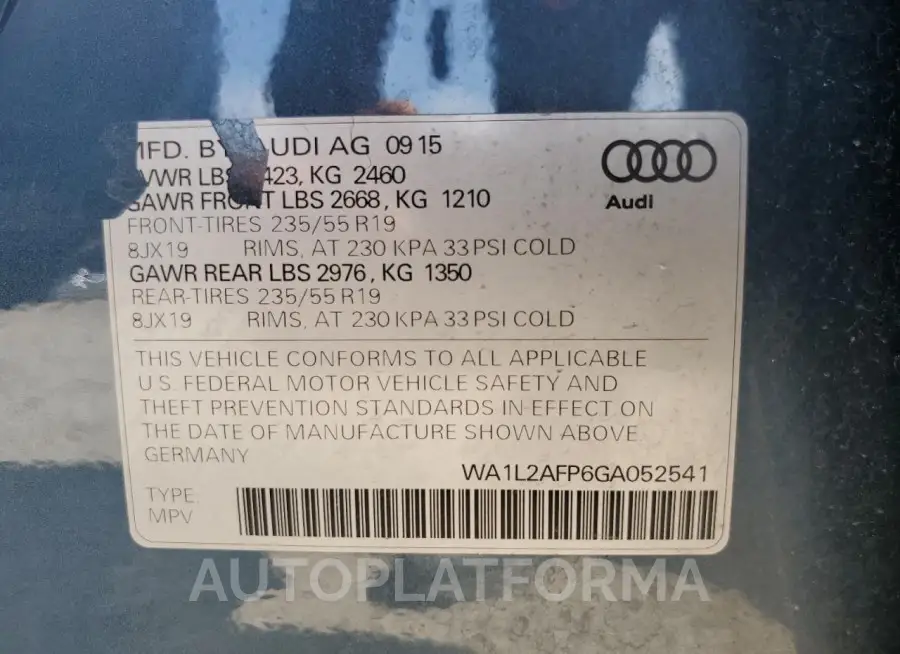 AUDI Q5 PREMIUM 2016 vin WA1L2AFP6GA052541 from auto auction Copart