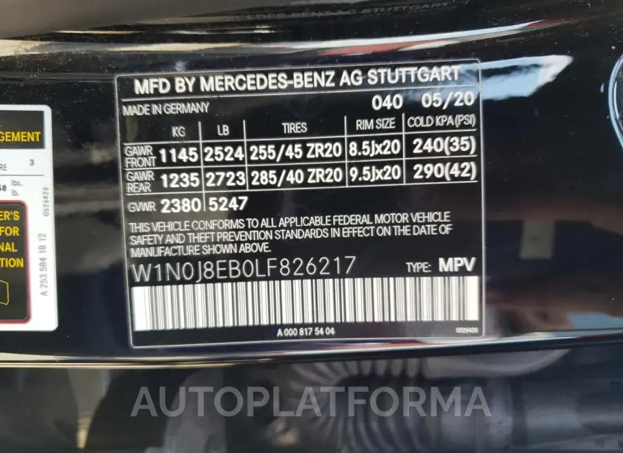 MERCEDES-BENZ GLC COUPE 2020 vin W1N0J8EB0LF826217 from auto auction Copart