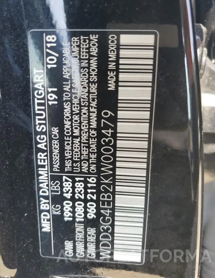 MERCEDES-BENZ A 220 2019 vin WDD3G4EB2KW003479 from auto auction Copart