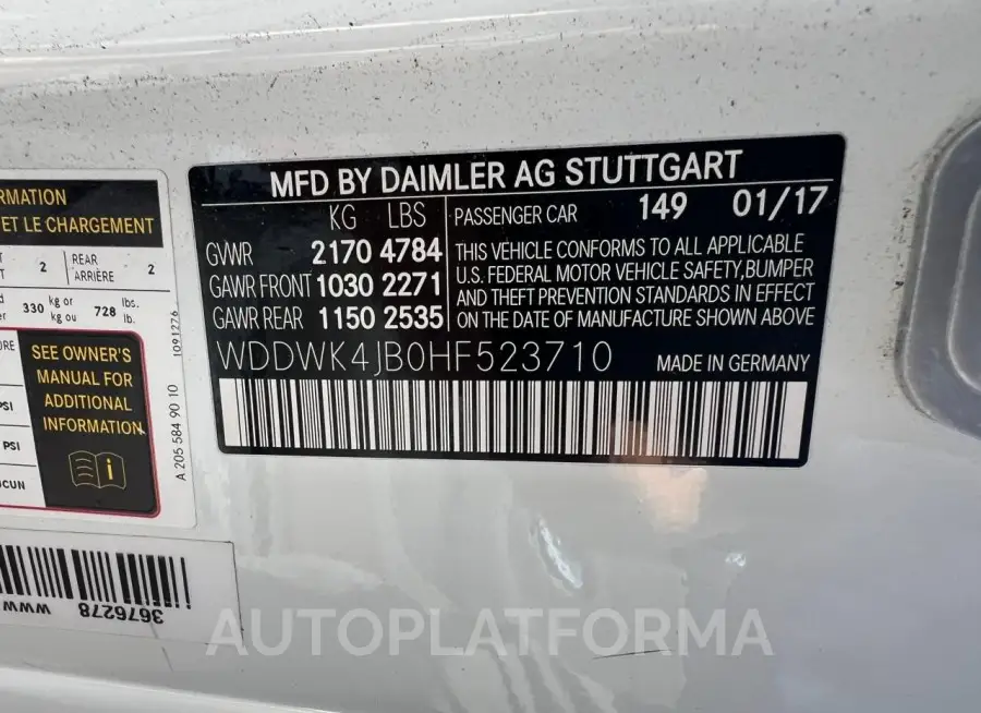 MERCEDES-BENZ C 300 2017 vin WDDWK4JB0HF523710 from auto auction Copart