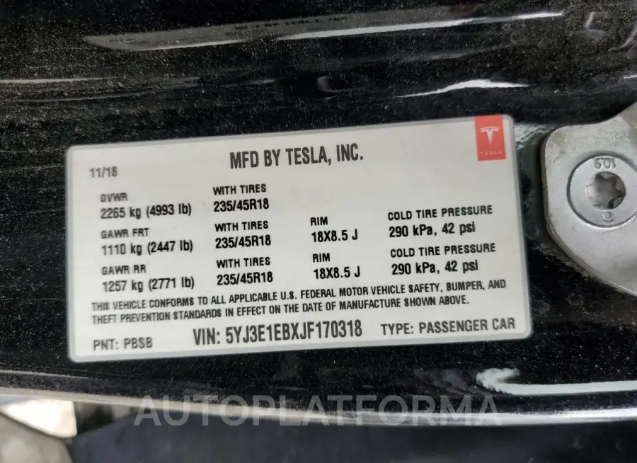 TESLA MODEL 3 2018 vin 5YJ3E1EBXJF170318 from auto auction Copart