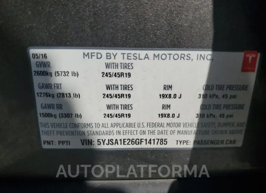 TESLA MODEL S 2016 vin 5YJSA1E26GF141785 from auto auction Copart