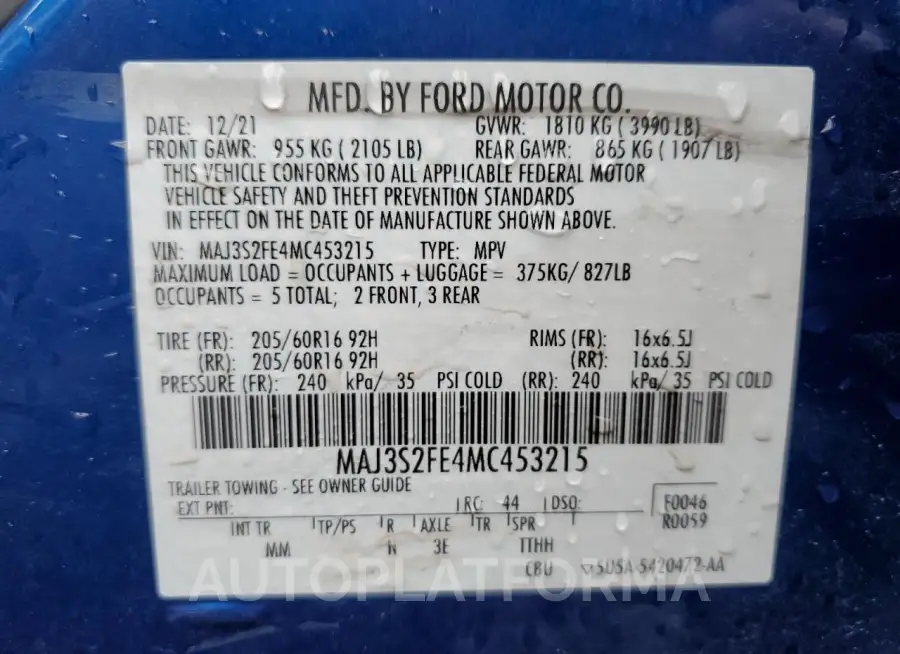 FORD ECOSPORT S 2021 vin MAJ3S2FE4MC453215 from auto auction Copart