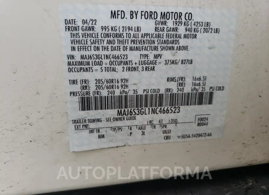 FORD ECOSPORT S 2022 vin MAJ6S3GL1NC466523 from auto auction Copart