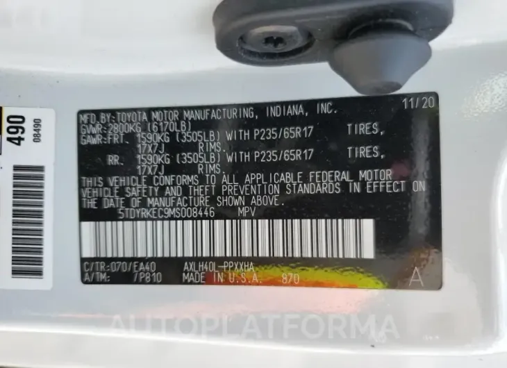 TOYOTA SIENNA XLE 2021 vin 5TDYRKEC9MS008446 from auto auction Copart