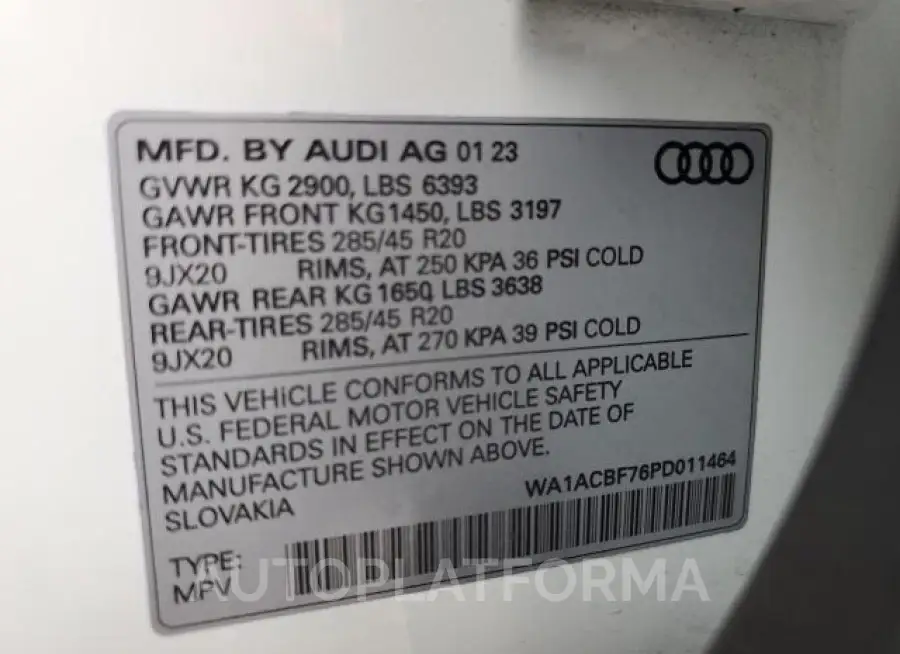 AUDI Q7 PREMIUM 2023 vin WA1ACBF76PD011464 from auto auction Copart