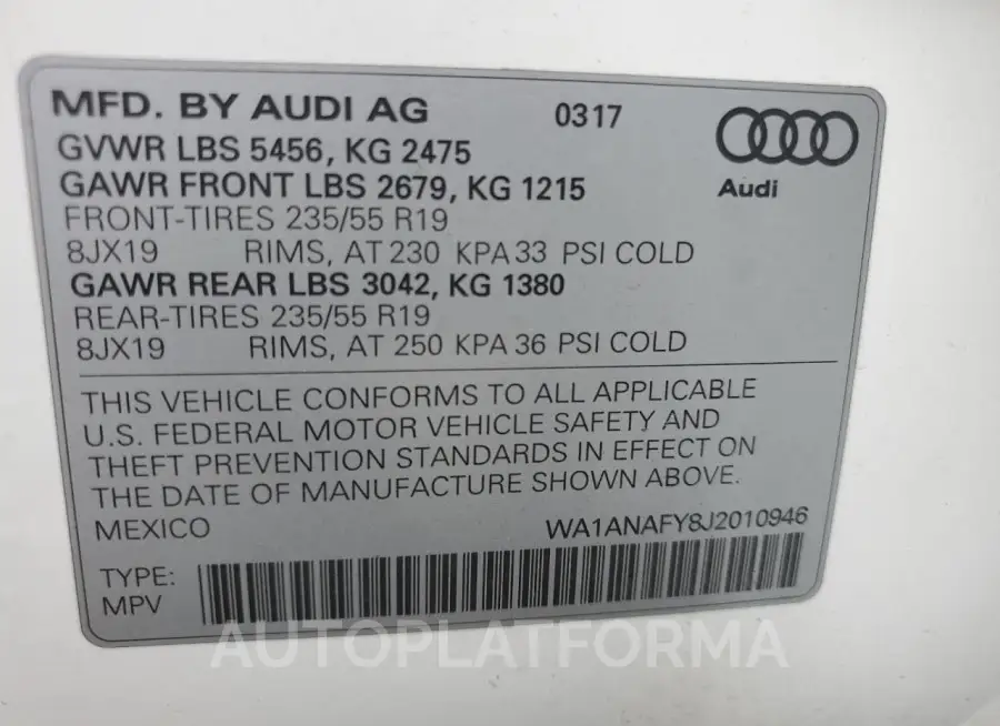 AUDI Q5 PREMIUM 2018 vin WA1ANAFY8J2010946 from auto auction Copart