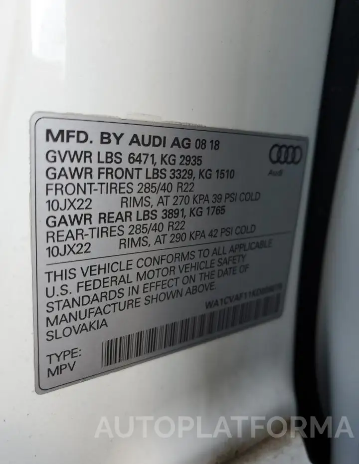 AUDI Q8 PRESTIG 2019 vin WA1CVAF11KD006075 from auto auction Copart