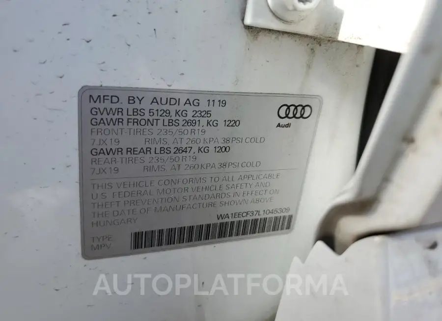 AUDI Q3 PREMIUM 2020 vin WA1EECF37L1045309 from auto auction Copart