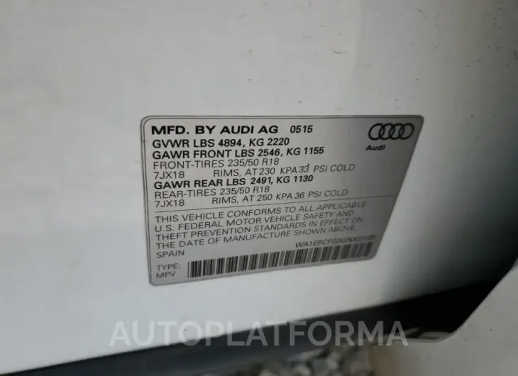 AUDI Q3 PREMIUM 2016 vin WA1EFCFS0GR002135 from auto auction Copart