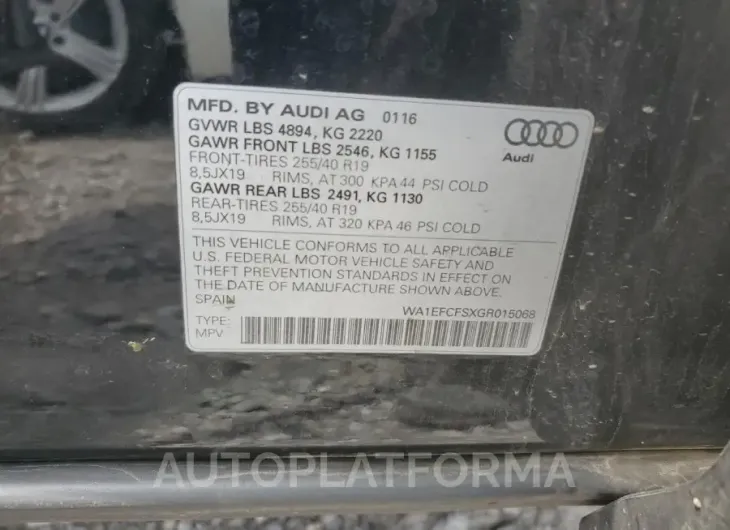 AUDI Q3 PREMIUM 2016 vin WA1EFCFSXGR015068 from auto auction Copart