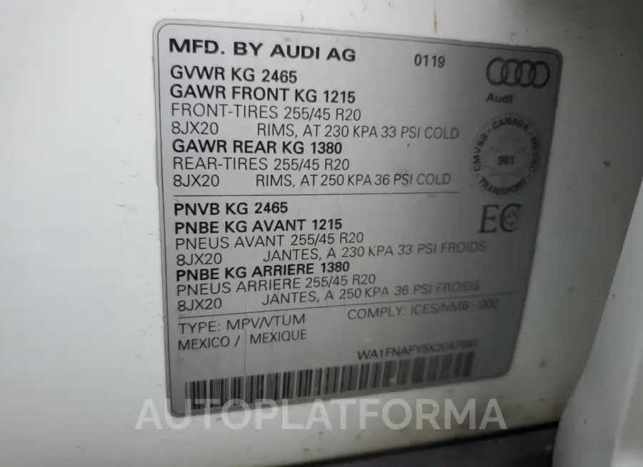 AUDI Q5 TECHNIK 2019 vin WA1FNAFY5K2047881 from auto auction Copart