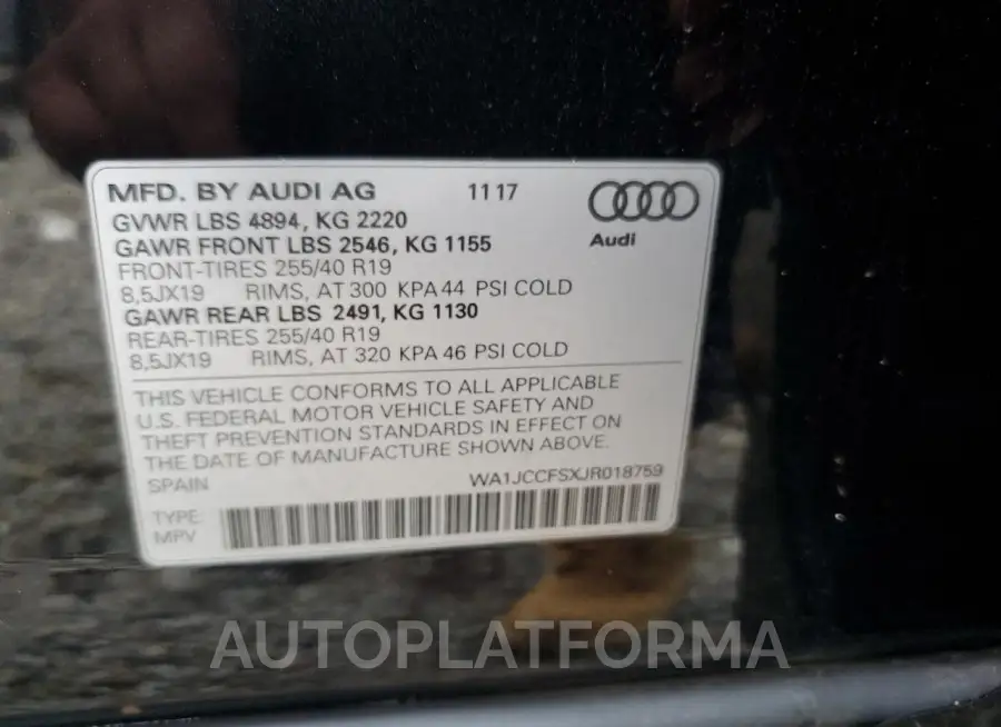 AUDI Q3 PREMIUM 2018 vin WA1JCCFSXJR018759 from auto auction Copart