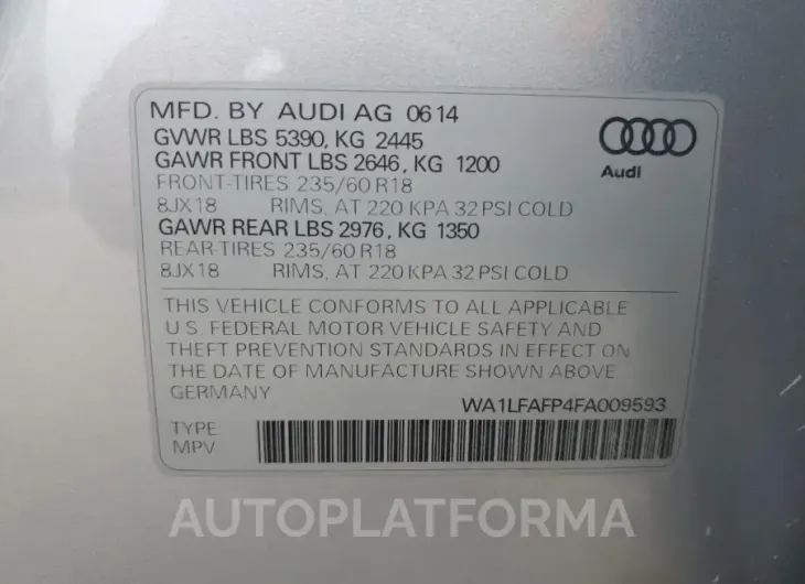 AUDI Q5 PREMIUM 2015 vin WA1LFAFP4FA009593 from auto auction Copart