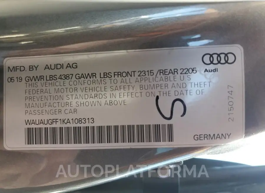 AUDI A3 PREMIUM 2019 vin WAUAUGFF1KA108313 from auto auction Copart