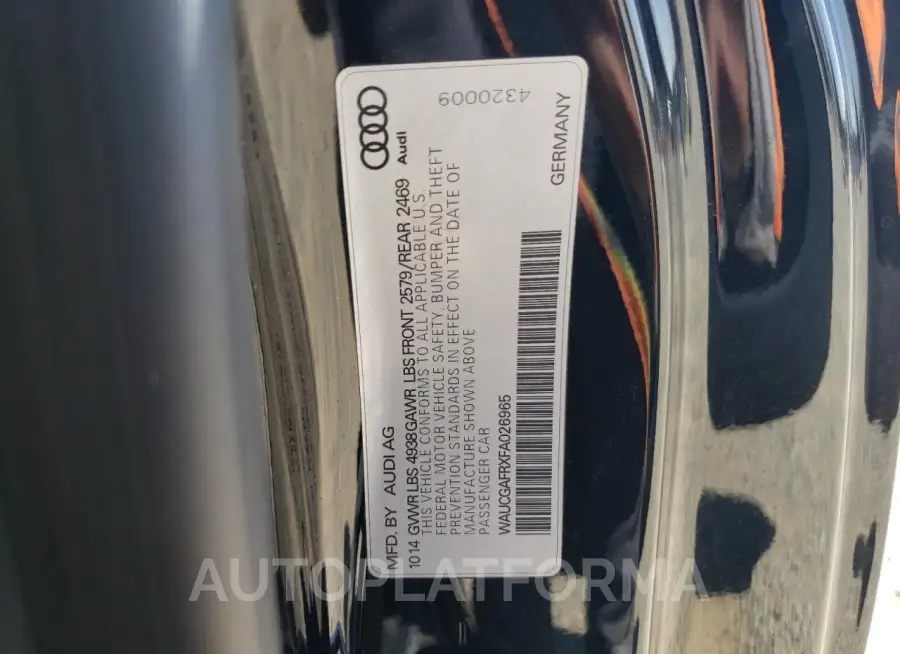 AUDI S5 PREMIUM 2015 vin WAUCGAFRXFA026965 from auto auction Copart