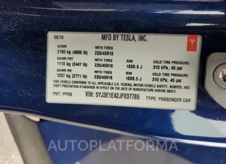 TESLA MODEL 3 2018 vin 5YJ3E1EA2JF037785 from auto auction Copart