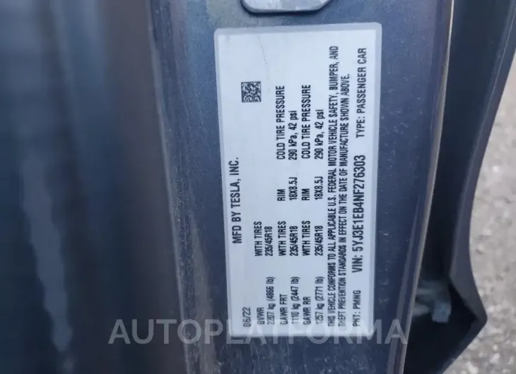 TESLA MODEL 3 2022 vin 5YJ3E1EB4NF276303 from auto auction Copart