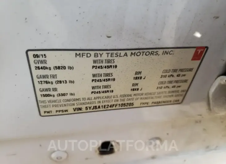 TESLA MODEL S 2015 vin 5YJSA1E24FF105205 from auto auction Copart