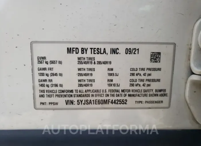 TESLA MODEL S 2021 vin 5YJSA1E60MF442552 from auto auction Copart