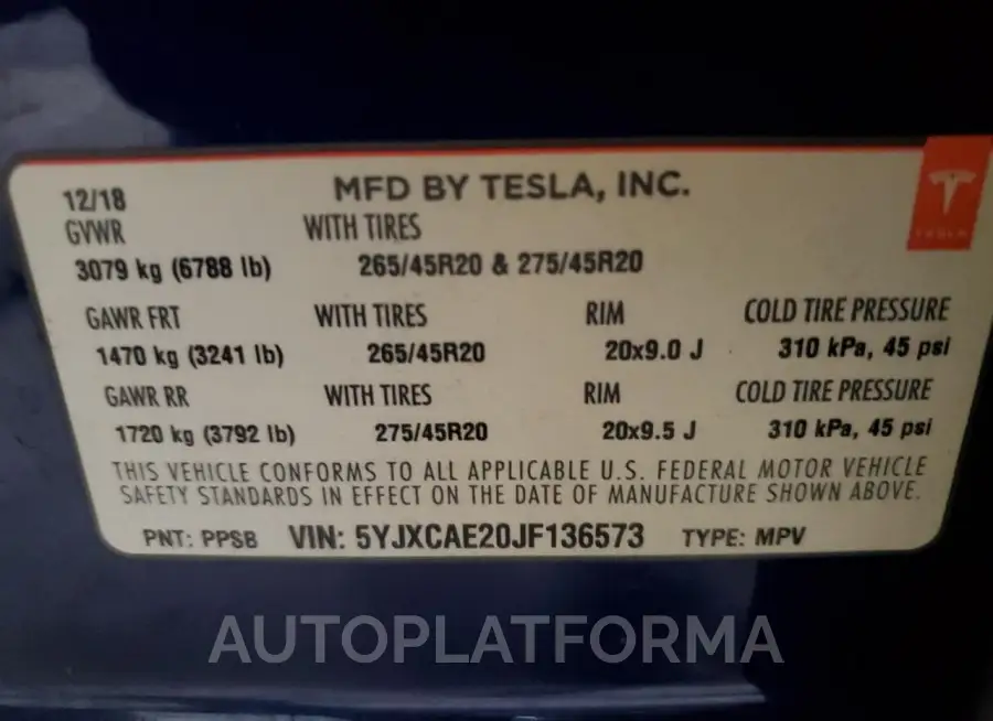 TESLA MODEL X 2018 vin 5YJXCAE20JF136573 from auto auction Copart