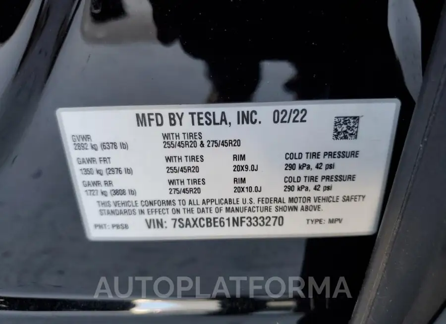 TESLA MODEL X 2022 vin 7SAXCBE61NF333270 from auto auction Copart