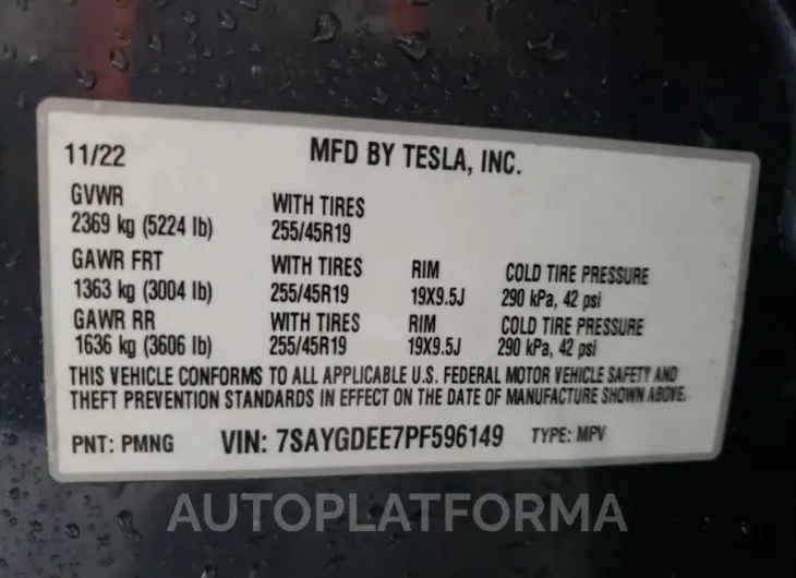 TESLA MODEL Y 2023 vin 7SAYGDEE7PF596149 from auto auction Copart