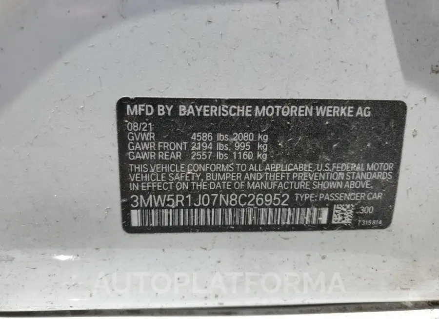 BMW 330I 2022 vin 3MW5R1J07N8C26952 from auto auction Copart