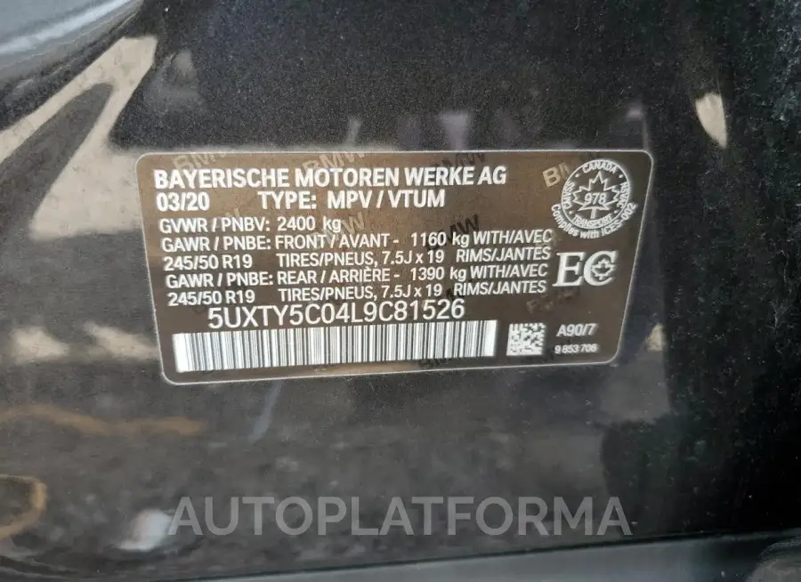 BMW X3 XDRIVE3 2020 vin 5UXTY5C04L9C81526 from auto auction Copart