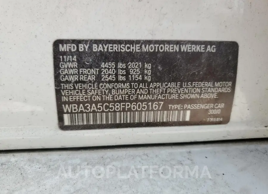 BMW 328 I 2015 vin WBA3A5C58FP605167 from auto auction Copart