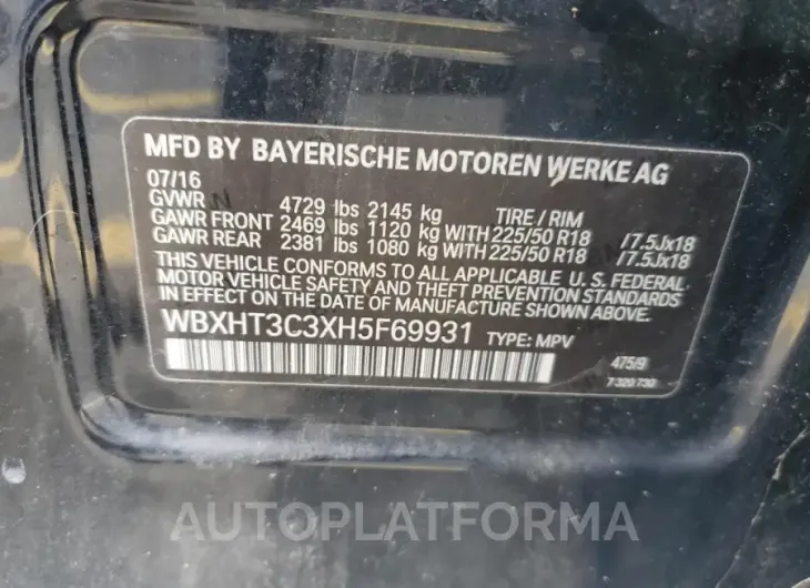 BMW X1 XDRIVE2 2017 vin WBXHT3C3XH5F69931 from auto auction Copart