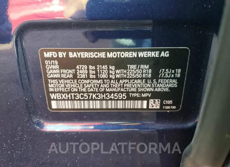 BMW X1 XDRIVE2 2019 vin WBXHT3C57K3H34595 from auto auction Copart