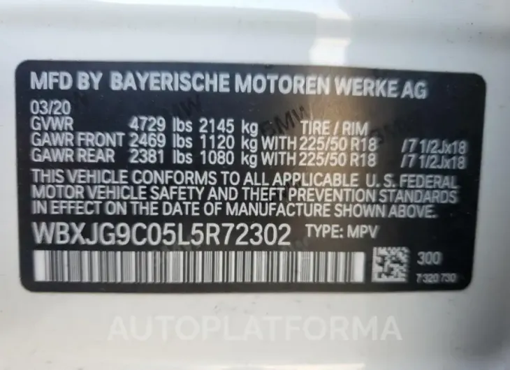 BMW X1 XDRIVE2 2020 vin WBXJG9C05L5R72302 from auto auction Copart